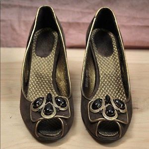 JCrew suede wedge heel suede leather jewel peeptoe